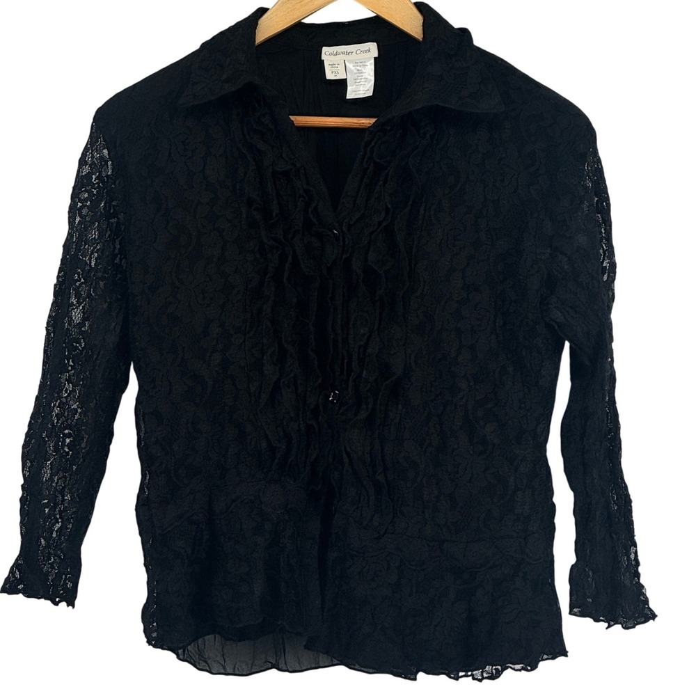 Coldwater Creek Women Black Floral Lace Ruffle Button Up Blouse Sz 4  Whimsigoth